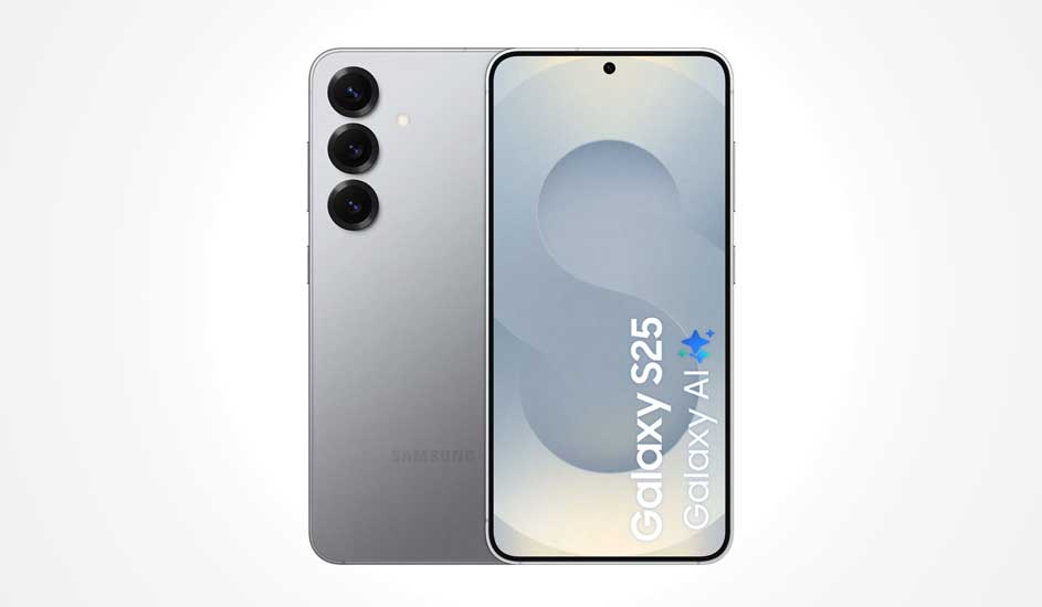 Un Samsung Galaxy S25 argenté avec trois caméras à l’arrière et un grand écran affichant “Galaxy S25 Galaxy AI”.