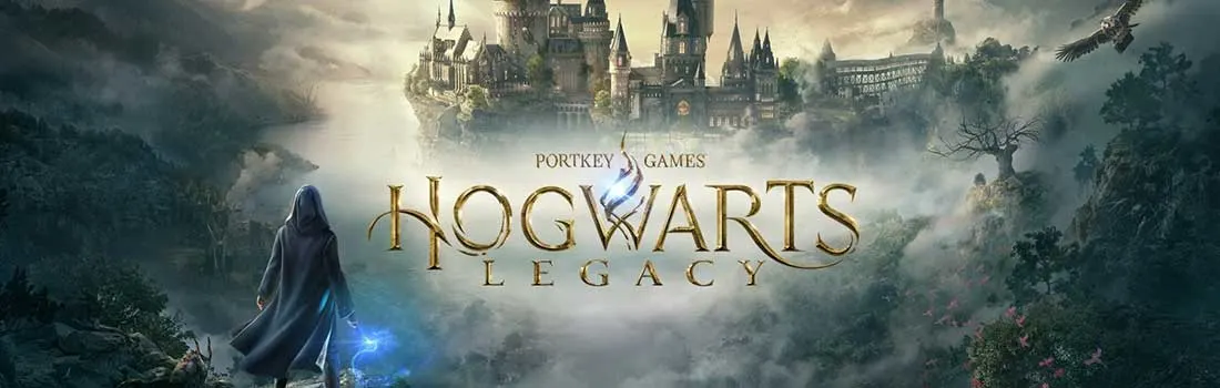 Affiche du jeu "Hogwarts Legacy" avec un château, un aigle et un personnage en robe sombre.