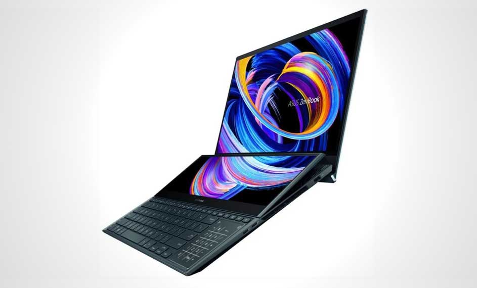 Een open, dubbele scherm laptop staat op een witte ondergrond. Beide schermen tonen abstracte, kleurrijke grafische afbeeldingen.