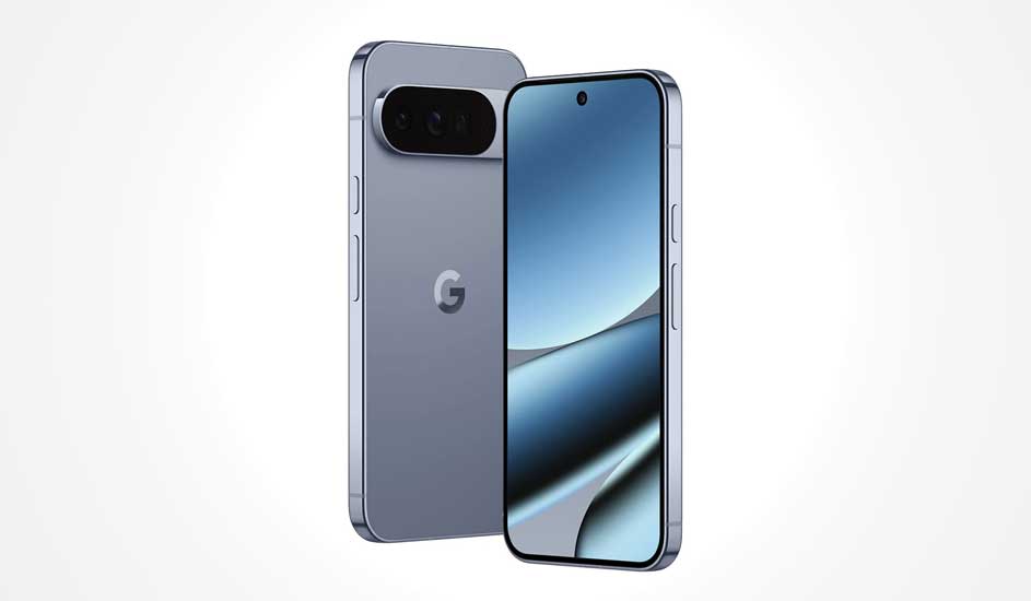 Een grijze Google Pixel smartphone met afgeronde hoeken, een groot scherm met abstracte achtergrond en dubbele camera’s achterop met G-logo.