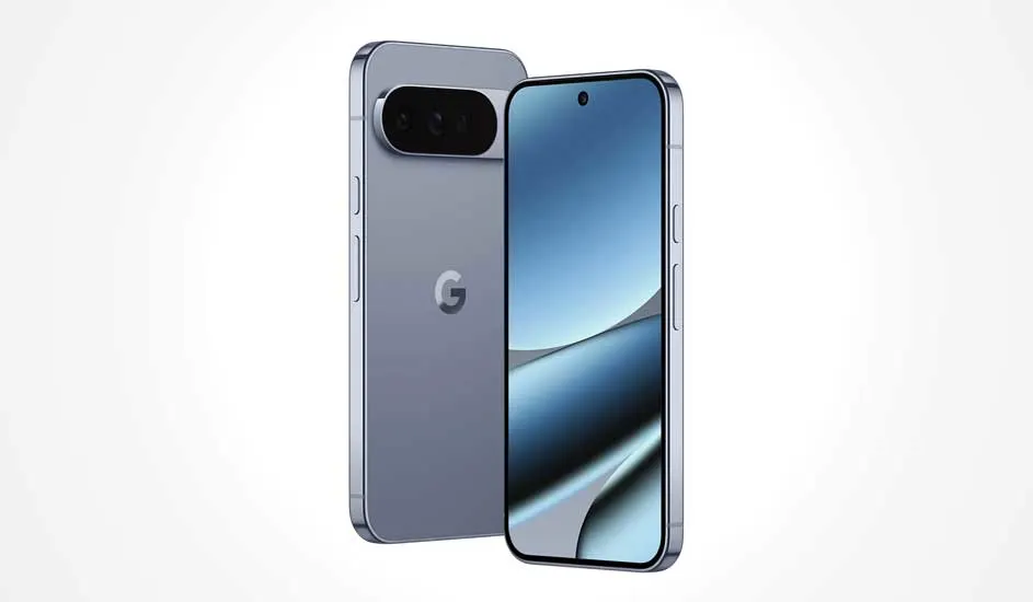 Een grijze Google Pixel smartphone met afgeronde hoeken, een groot scherm met abstracte achtergrond en dubbele camera’s achterop met G-logo.