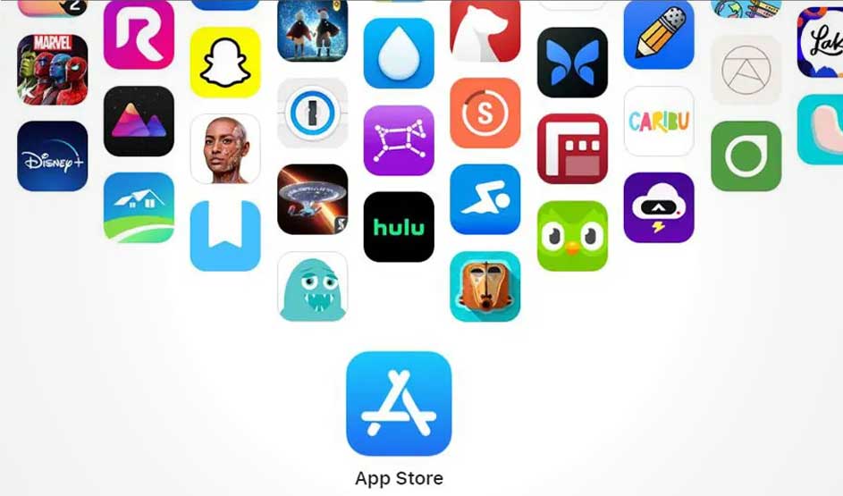 Icônes d'applications variées sur fond blanc, y compris App Store, Disney+, Hulu et icônes colorées diverses.