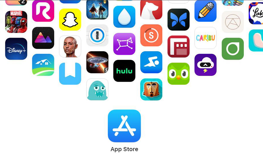Diverse reeks app-pictogrammen op een witte achtergrond, waaronder Disney+, Hulu en een blauw App Store-pictogram.