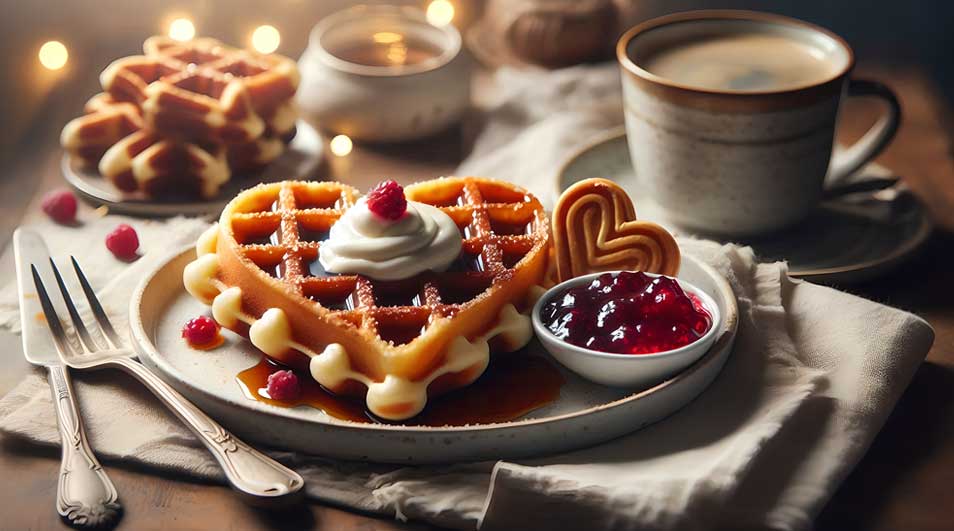 Een foto van een hartvormige wafel met room, frambozen, confituur, een kop koffie en een vork op een tafel.