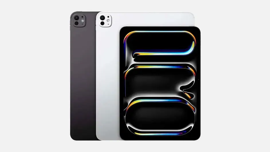 Trois tablettes sont présentées sur un fond blanc. Une est gris foncé, une blanche et une noire avec des détails colorés.