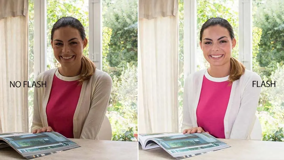 Deux images côte à côte illustrent un magazine sur une table en bois devant une fenêtre avec des rideaux blancs. L'image de droite est plus lumineuse.