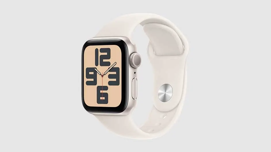 Beige smartwatch with a digital display showing 12, 3, 6, and 9. The watch has a matching band and a silver button.