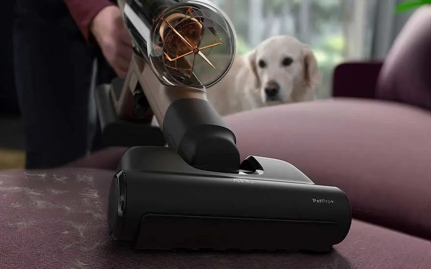 Een zwarte PetPro stofzuiger wordt gebruikt op een paarse zetel. Op de achtergrond staat een witte hond.