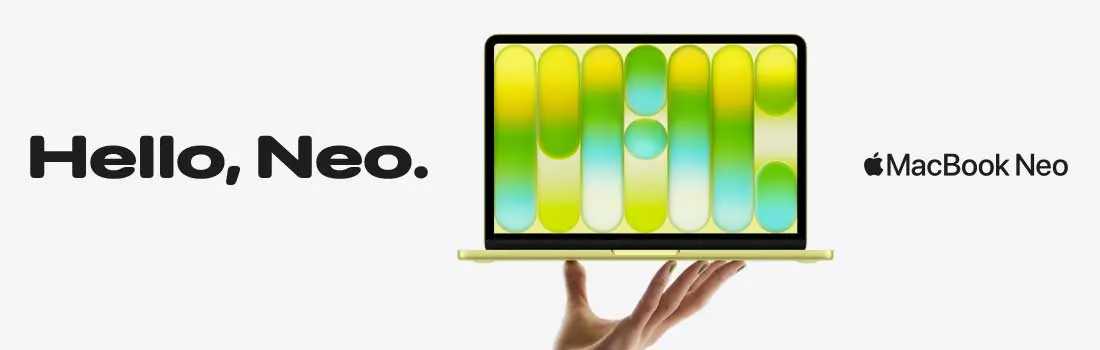 Een hand houdt een dunne gele MacBook Neo omhoog, met een felgroen schermpatroon en de tekst “Hello, Neo.” op een witte achtergrond.