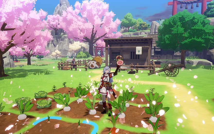 Een kleurrijke scène uit een anime-stijl videospel met een personage in een moestuin. Roze kersenbloesems, een houten hut, groene velden en een traditionele Japanse torii-poort sieren het landschap.