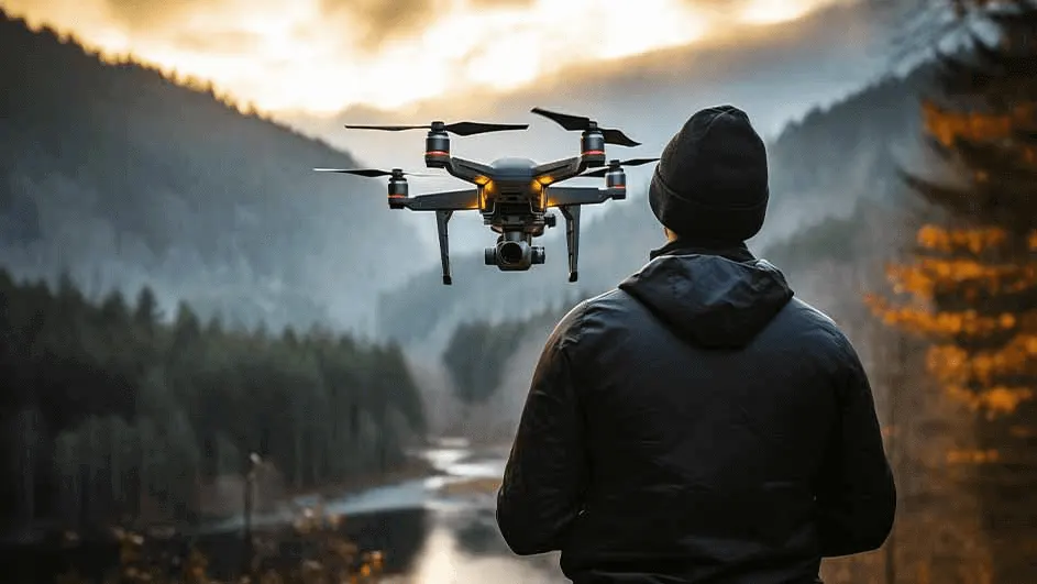 Un drone noir vole au-dessus d'un lac. En arrière-plan, des montagnes brumeuses et un ciel nuageux.