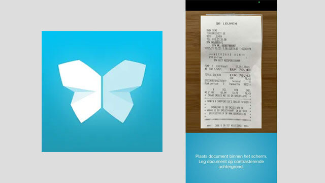 Een app-interface met een blauw vlinderlogo en een foto van een kassabon op een houten ondergrond.