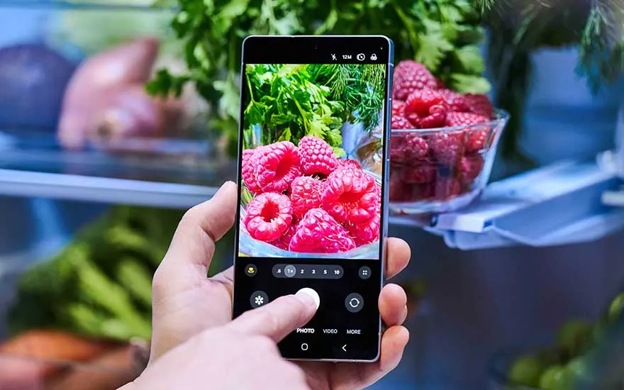 Une main tient un smartphone; l’appareil photo cadre des framboises et des herbes dans le frigo, avec interface caméra et zoom visibles.