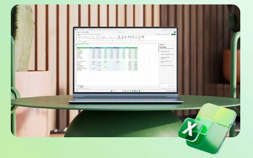 Een laptop met een Excel-spreadsheet en een groene 3D Excel-logo, naast een smartphone op een houten bureau.