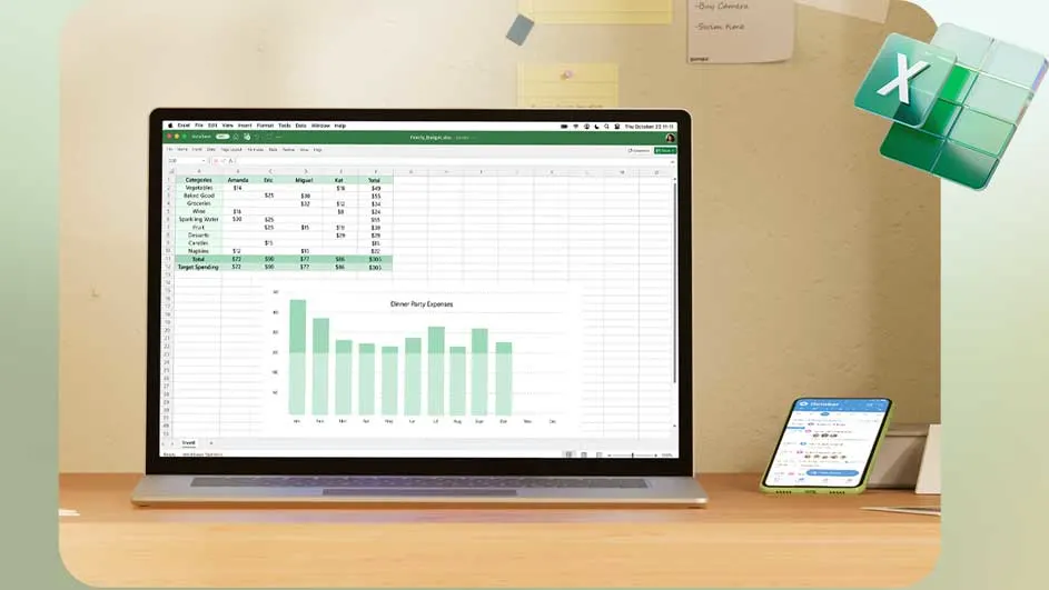Un ordinateur portable ouvert affiche une feuille de calcul et un graphique. Un smartphone est également visible sur le bureau.