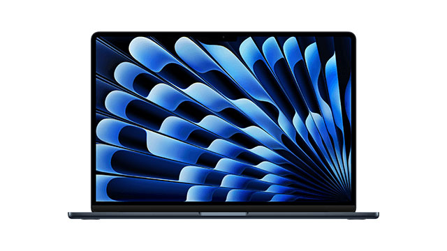 Un ordinateur portable ouvert, écran affichant des motifs bleus et noirs en éventail sur fond blanc.