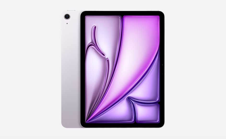 Een close-up van een paarse tablet met een abstract patroon op het scherm, tegen een witte achtergrond.