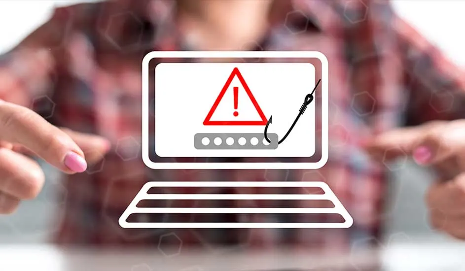 Computersimbool met een rode waarschuwing en een vishaak naast een wachtwoordbalk, wat wijst op een veiligheidsrisico.