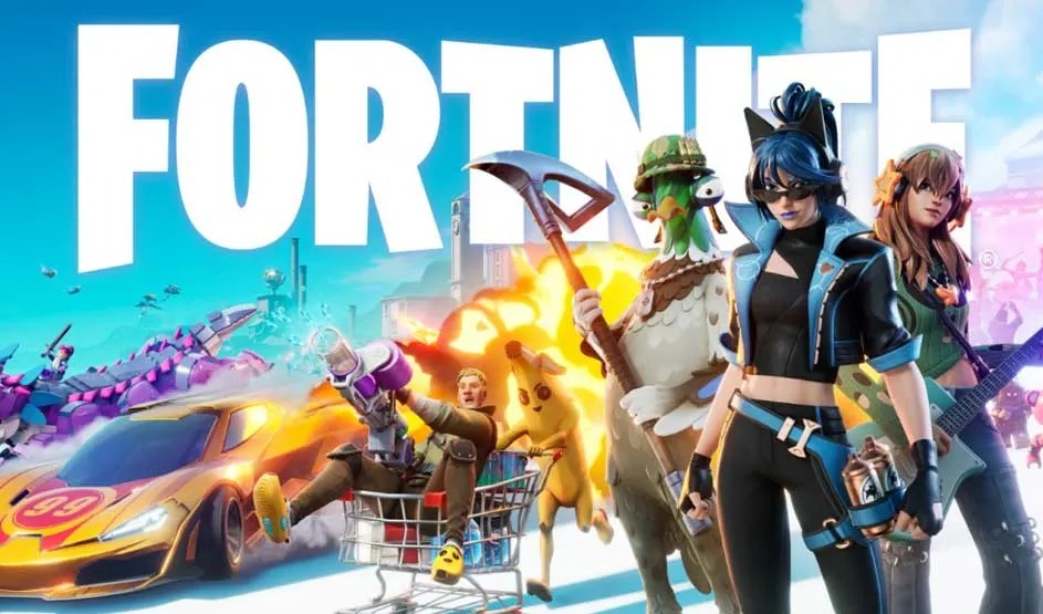Des personnages de Fortnite en tenues colorées posent devant un décor vif avec une voiture de course, un chariot et des explosions. Marque : Fortnite.