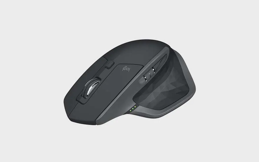 An advanced, dark Logitech wireless mouse with ergonomic shape and extra buttons sits against a grey background.