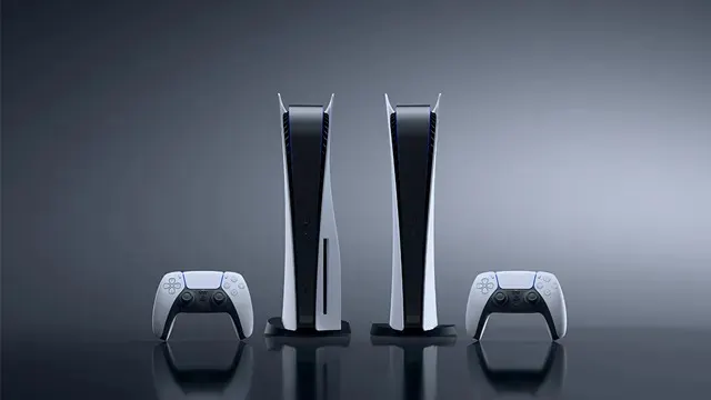 Two PlayStation 5 consoles (one with disc drive, one without) are lined up, each with a matching white controller in front.