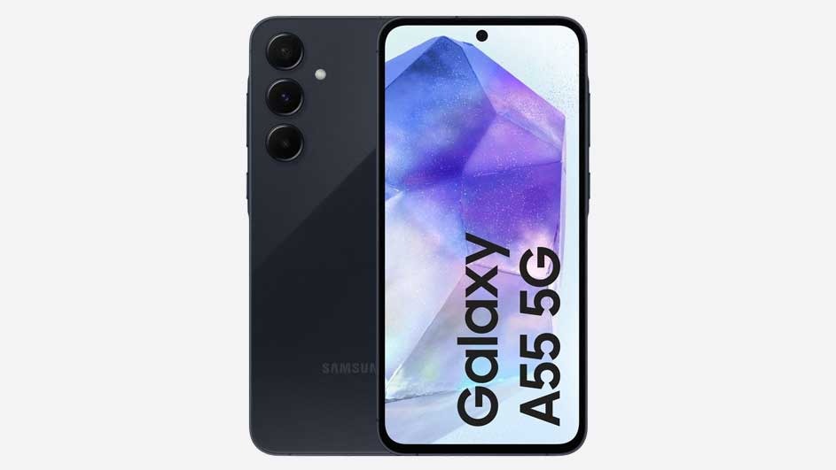 A grey smartphone features three rear cameras and a front display with "Galaxy A55 5G" text. The background is plain white.