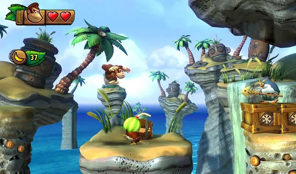 Donkey Kong springt op tropische eilanden met palmbomen, verzamelt bananen en ontwijkt vijanden. Merk: Nintendo.