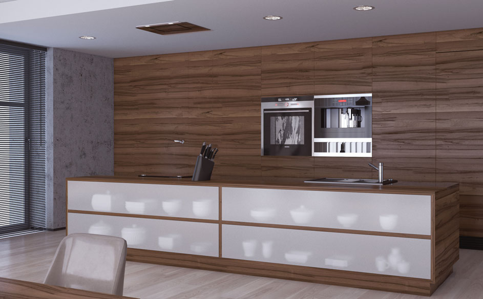 Een keuken met houten wandpanelen, witte kasten, een oven en een koffiemachine.