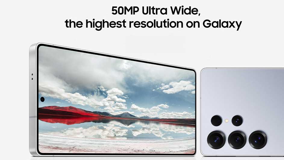 Deux smartphones argentés : l'un affiche un paysage, l'autre expose plusieurs objectifs de caméra.