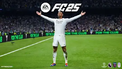 Un terrain de football vert, avec une foule en arrière-plan et des panneaux d'affichage. Le logo EA FC25 est en haut.