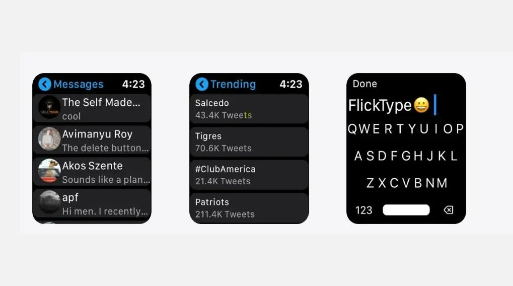 Drie telefoon screenshots tonen 'Messages', 'Trending' en een 'FlickType' toetsenbord op een lichtgrijze achtergrond.