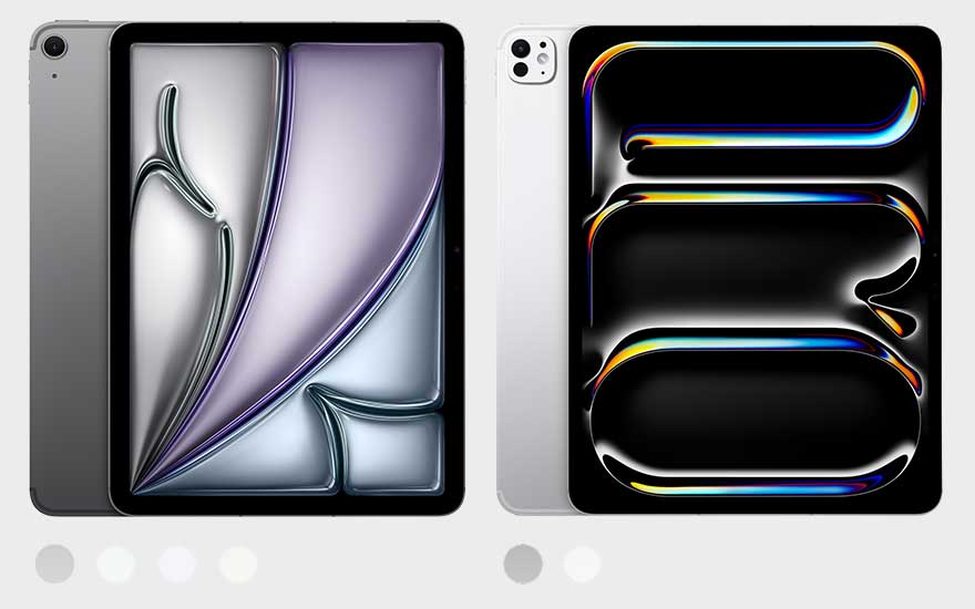 Deux modèles d’iPad sont placés côte à côte sur un fond clair, avec des écrans différents et des pastilles de couleur dessous.