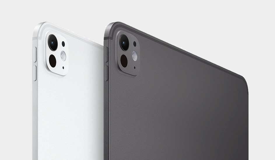 Deux tablettes, une blanche et une grise, sont présentées dos à dos sur un fond blanc uni.