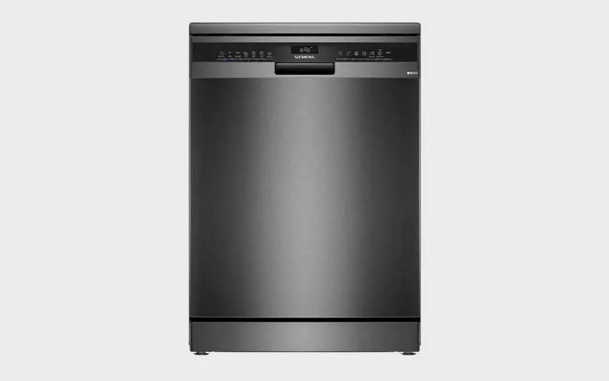A freestanding black Siemens dishwasher, door closed and control panel on top, robust look with all the latest modern functions.