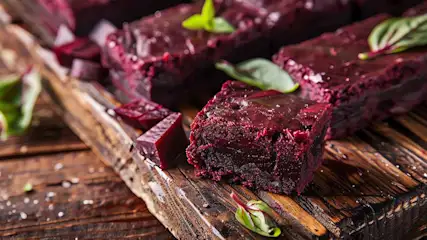 Gros plan sur des betteraves coupées, rouge foncé, avec quelques feuilles vertes, sur une planche à découper en bois.