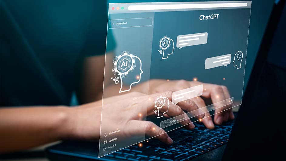 Een laptop toont een ChatGPT-interface met AI-profielen en tekstballonnen. Handen typen op het toetsenbord. Blauwe achtergrond.