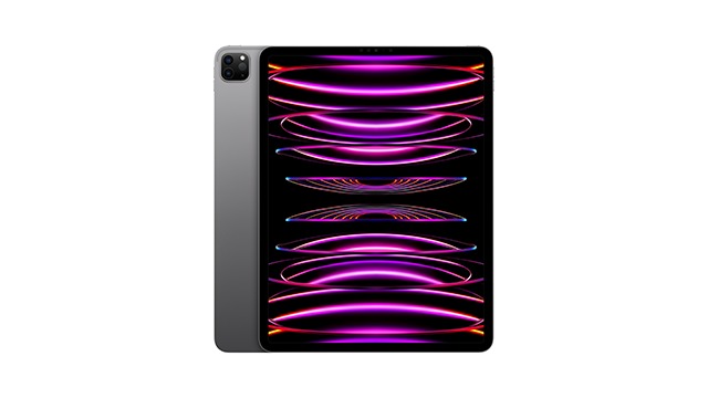 Tablette grise avec écran noir affichant des lignes horizontales violettes et oranges.