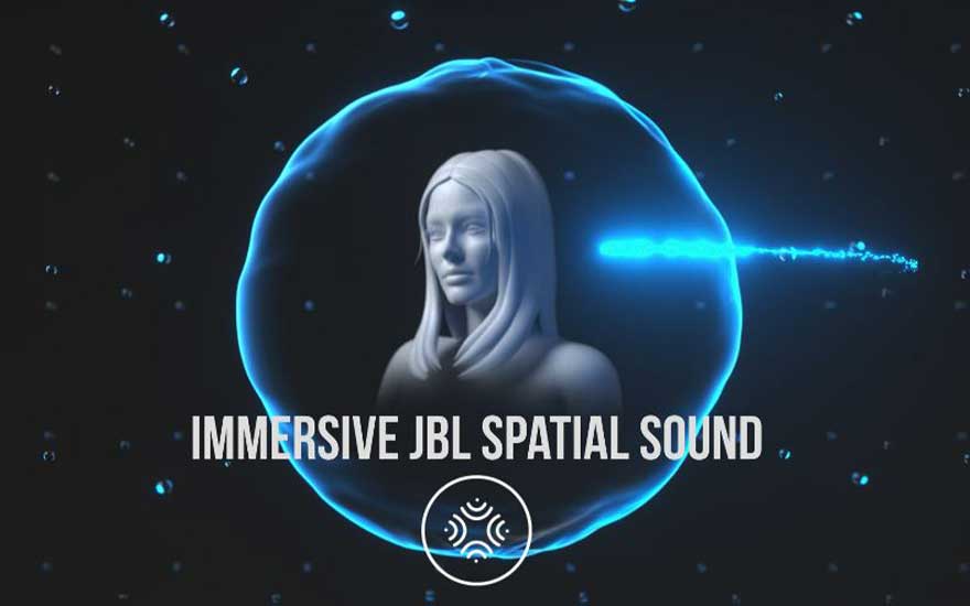 Statue féminine dans une sphère bleue, sur fond noir avec des points bleus. Un rayon bleu traverse la sphère.