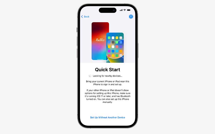 An iPhone displays the Dutch ‘Begin direct’ setup screen, explaining how to configure a new device automatically using another nearby device.