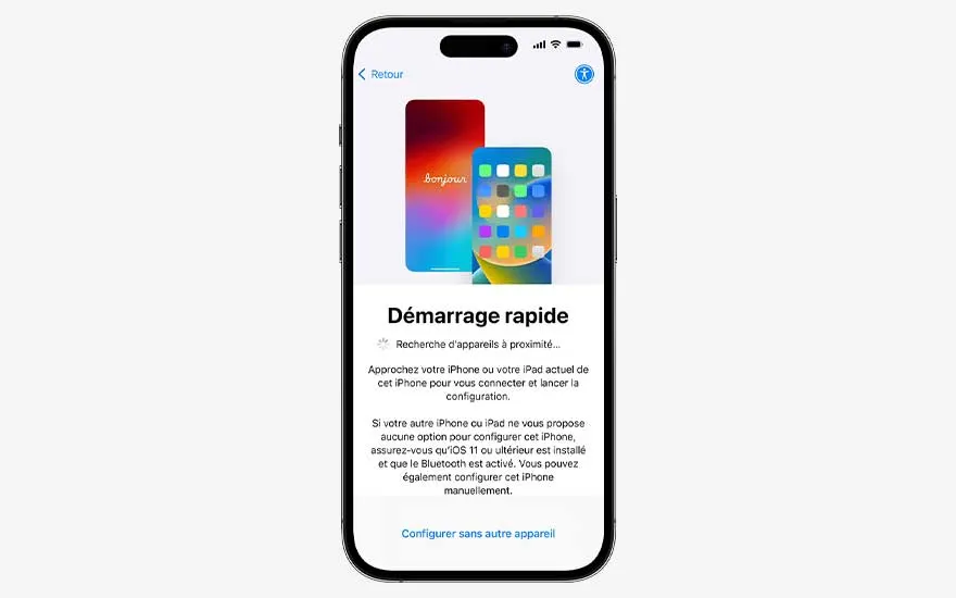 Un iPhone affiche l’écran de configuration « Begin direct » en néerlandais, expliquant comment préparer un nouvel appareil à partir d’un autre.