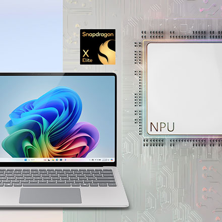 Ordinateur portable gris avec écran coloré, logo Snapdragon, et schéma de circuit imprimé NPU.
