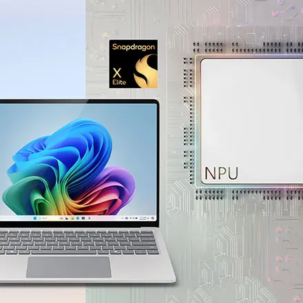 Een open laptop met een kleurrijk scherm, waarop het Snapdragon X Elite-logo en een NPU-chip te zien zijn, tegen een witte achtergrond.