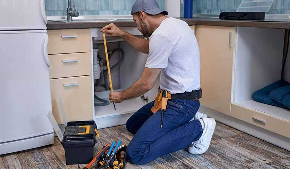 Un homme mesure un évier de cuisine avec un mètre ruban jaune. Une boîte à outils et des outils sont au sol.