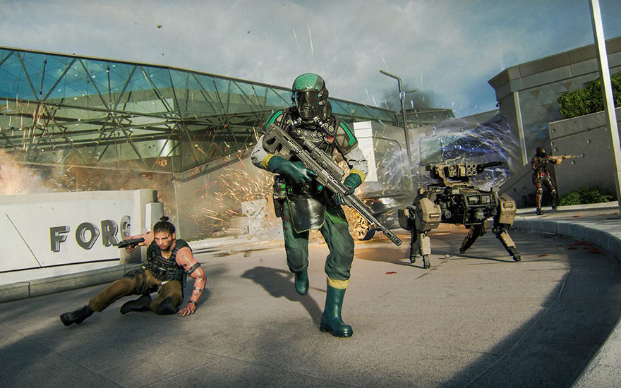 Scène de combat intense avec soldats en tenue verte, explosions en arrière-plan, guerre moderne en environnement urbain