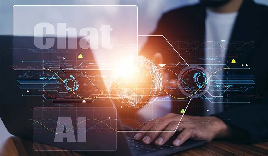 Un ordinateur portable affiche "Chat" et "AI" avec un globe lumineux et des graphiques numériques. Des mains tapent sur le clavier.