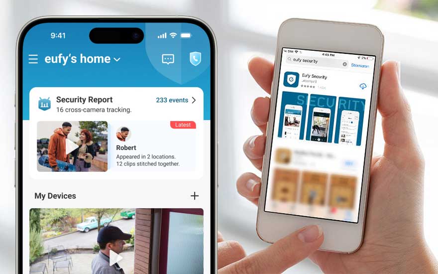 Deux smartphones affichent l'application Eufy Security. L'interface montre des rapports de sécurité et des flux de caméras.