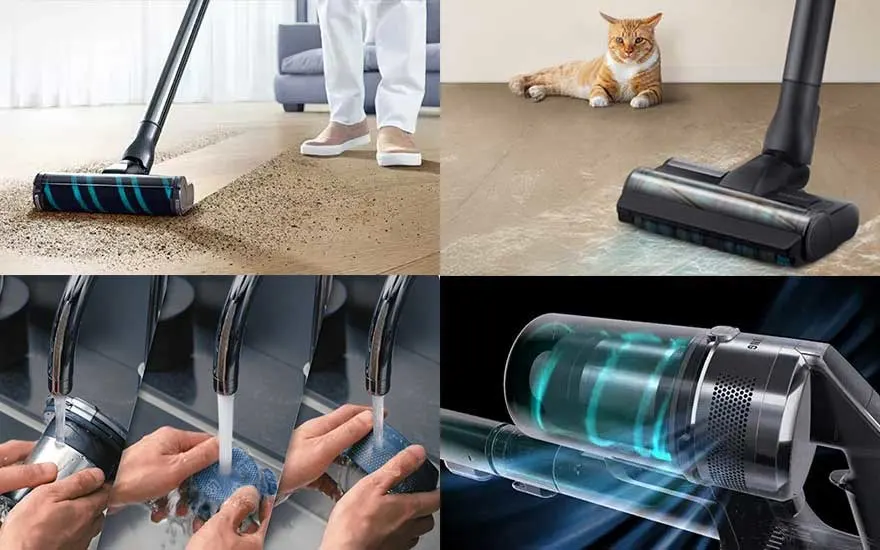 Aspirateur balai sans fil aspire des miettes sur le sol, brosse lumineuse; le chat observe pendant que le cyclone aspire la poussière.