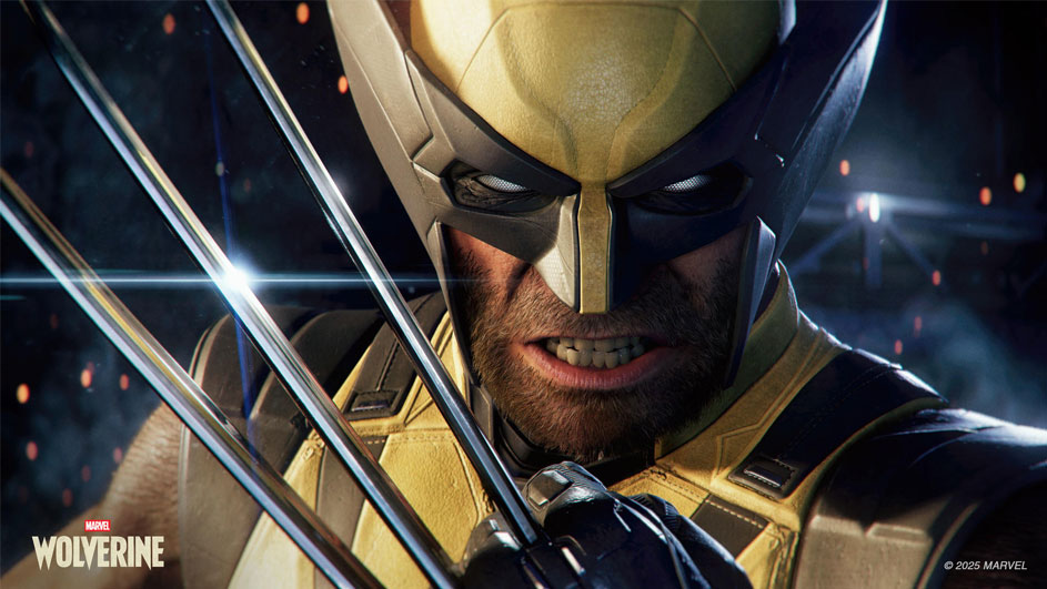 Une illustration puissante de Wolverine : mâchoire barbu, griffes d'acier brillantes, masque jaune et noir, cicatrices, dents exposées, regard enragé.
