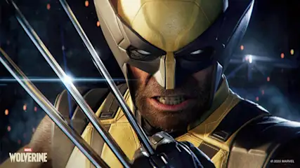 Une illustration puissante de Wolverine : mâchoire barbu, griffes d'acier brillantes, masque jaune et noir, cicatrices, dents exposées, regard enragé.