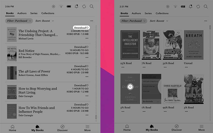 Deux écrans d'application de bibliothèque numérique affichent des listes de livres avec des options de téléchargement et de lecture.